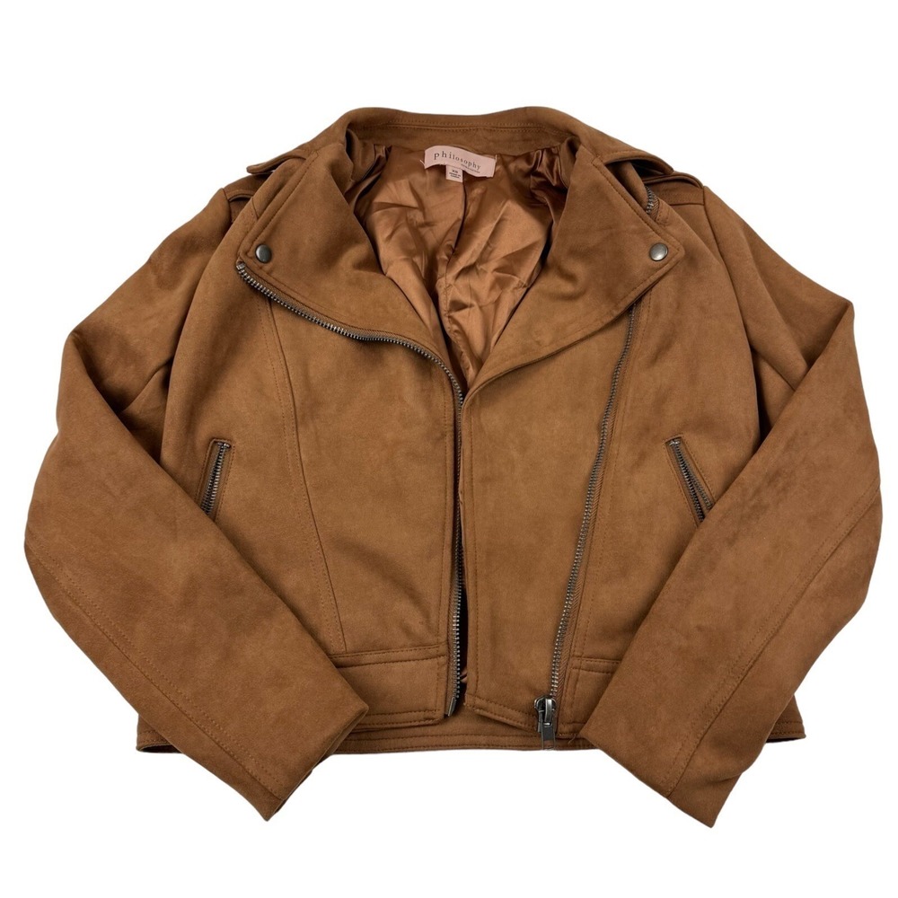 Philosophy Republic Camel Brown Faux Leather Moto Jacket Asymmetrical Zip XS